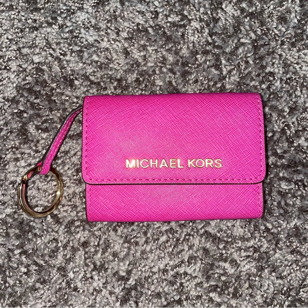 Michael Kors Hot Pink Saffiano Leather Key Card Wallet Clutch